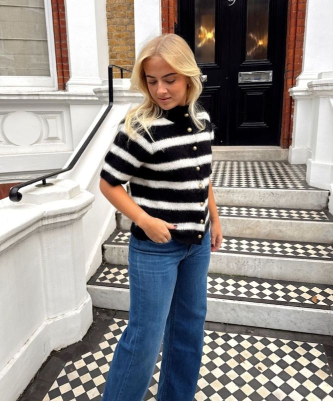 RAH Short Sleeve Cardigan With Buttons Black Ivory Striped